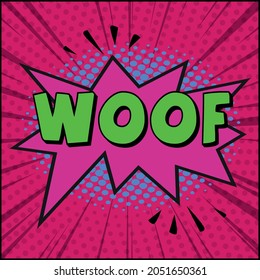 Comic zoom inscription WOOF on a colored background - Vector illustration