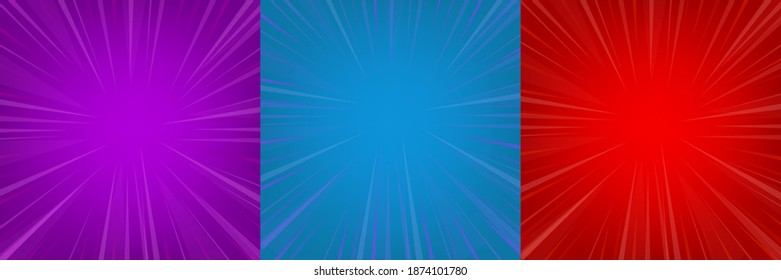 Comic zoom red, blue, violet empty background set design. Focus lines background set of three cards for comic. Vector illustration