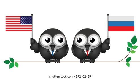 Comical American and Russian political leaders with national flags