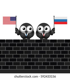 Comical American and Russian political leaders with national flags