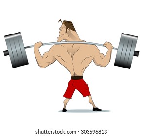 Comical athlete with a barbell on your shoulders. View from the back. Vector