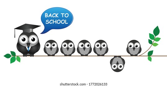 Comical back to school message with teacher and students sat on a branch isolated on white background