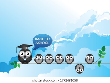 Comical back to school message with teacher and students sat on a branch set against a blue cloudy sky background