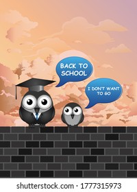 Comical back to school message with teacher and student perched on a brick wall set against a stunning dawn sky background
