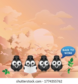 Comical back to work bird businessmen following COVID 19 economic shutdown set against a stunning dawn sky background