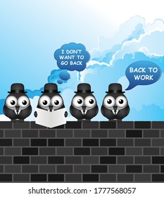 Comical back to work bird businessmen perched on a wall following COVID 19 economic shutdown set against a cloudy blue sky background