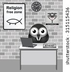 Comical bird atheist with Darwinian religion free zone sign