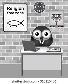 Comical bird atheist with Darwinian religion free zone sign