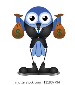 Comical bird businessman holding bags of money isolated on white background