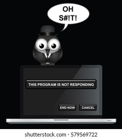 Comical bird businessman not too happy with his computer programme not responding