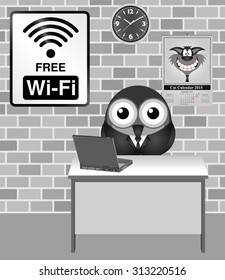Comical bird businessman sat at a desk using free WiFi on his laptop 