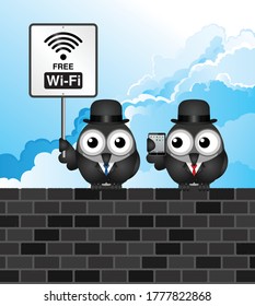 Comical bird businessmen advertising free WIFI set against a cloudy blue sky background