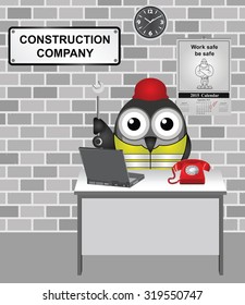 Comical bird construction worker wearing personal protection equipment PPE hard hat and yellow high visibility vest with work safe be safe calendar on wall