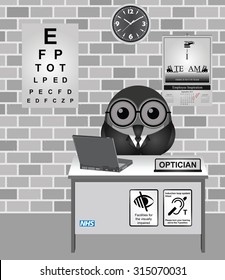 Comical bird Optician consulting room with eye test chart  