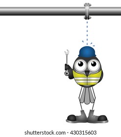 Comical bird plumber mending a leaking pipe connection isolated on white background with copy space for own text