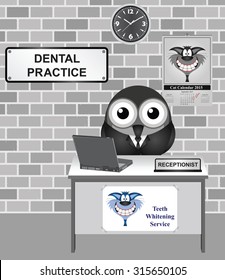 Comical bird receptionist at a Dental Practice waiting room 