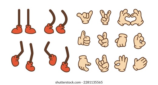 Comical cartoon hands and legs in action collection. Funny arms in gloves with various gestures and feet in shoes. Mascot character body parts set. Vector illustration isolated on white background.