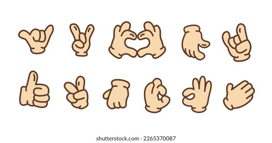 Comical cartoon hands retro collection. Funny arms in gloves with various gestures. Mascot character body parts set. Vector flat style illustration isolated on white background.