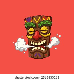 A comical cartoon tiki mask with exaggerated features exhales white smoke clouds against a red background.