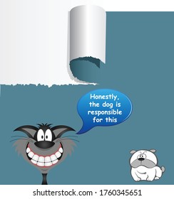 Comical cat blaming the innocent dog for ripping the wallpaper with the blameless pooch looking on 