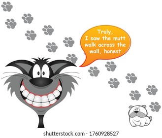 Comical cat blaming the innocent dog for leaving paw prints across the wall with the blameless pooch looking on 