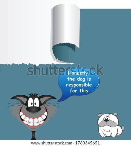 Comical cat blaming the innocent dog for ripping the wallpaper with the blameless pooch looking on 