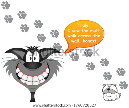 Comical cat blaming the innocent dog for leaving paw prints across the wall with the blameless pooch looking on 