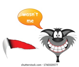 Comical cat proclaiming his innocence with regards to ripped wallpaper isolated on white background