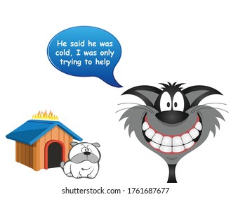 Comical cat trying to keep the dog warm by setting his kennel ablaze isolated on white background