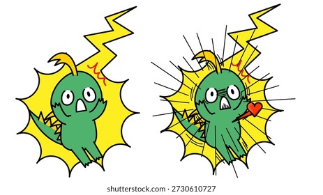 A comical character illustration of a Chupacabra being struck by lightning.