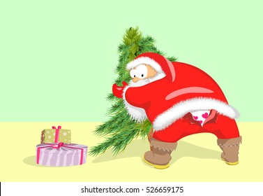 Comical character of Santa Claus. Bent is used to put the Christmas tree and he had torn pants.