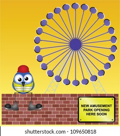Comical construction worker building an amusement park