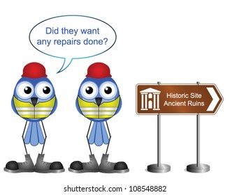 Comical construction workers with ancient ruins sign isolated on white background
