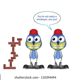 Comical construction workers with bricklayer embellishing his expertise