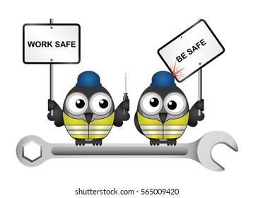 Comical construction workers with health and safety work safe be safe message perched on 
a spanner isolated on white background
