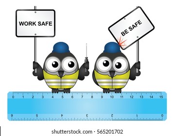 Comical construction workers with health and safety work safe be safe message perched on 
a ruler isolated on white background
