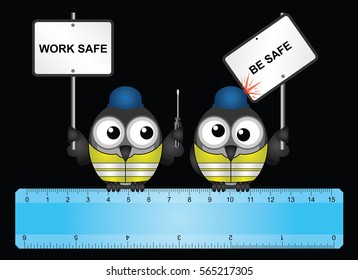 Comical construction workers with health and safety work safe be safe message perched on 
a ruler isolated on black background
