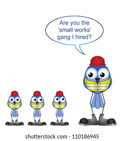Comical construction workers small works gang isolated on white background