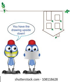 Comical construction workers with upside down plan drawing
