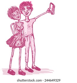 Comical couple.Comical, cheerful man and the woman take the picture of a selfie. Square vector illustration.