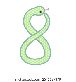 A comical and cute green snake that becomes the number 8