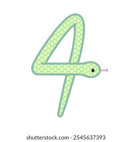 A comical and cute green snake that becomes the number 4