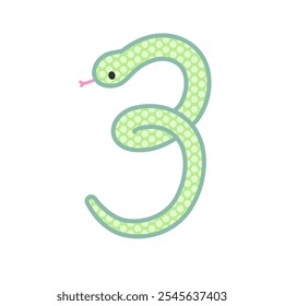 A comical and cute green snake that becomes the number 3