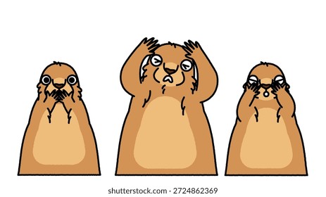 Uma ilustração cômica e fofa de três marmotas expressivas.