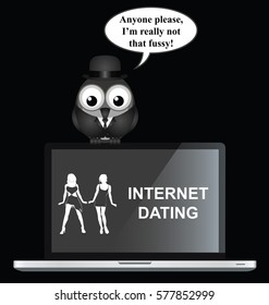 Comical desperate bird businessman on internet dating website looking for love perched on a laptop