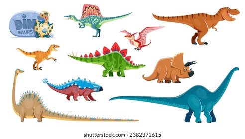 Comical dinosaurs cartoon personages. Spinosaurus, Tyrannosaur, Velociraptor and Stegosaurus, Triceratops, Diplodocus, Brontosaurus and Pterodactyl, Ankylosaurus dinosaurs vector comical characters