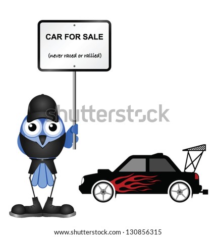 Comical dishonest car seller isolated on white background