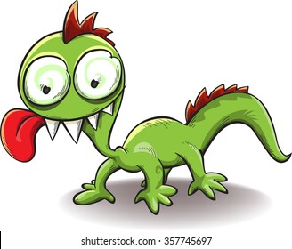 comical dragon with tongue hanging out, isolated on white, vector illustration