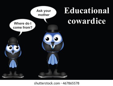 Comical educational cowardice relating to the dreaded question where do I come from on black background with copy space for own text