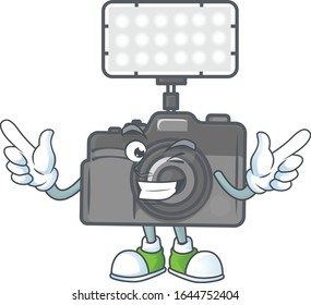A comical face photo camera with lighting mascot design with Wink eye